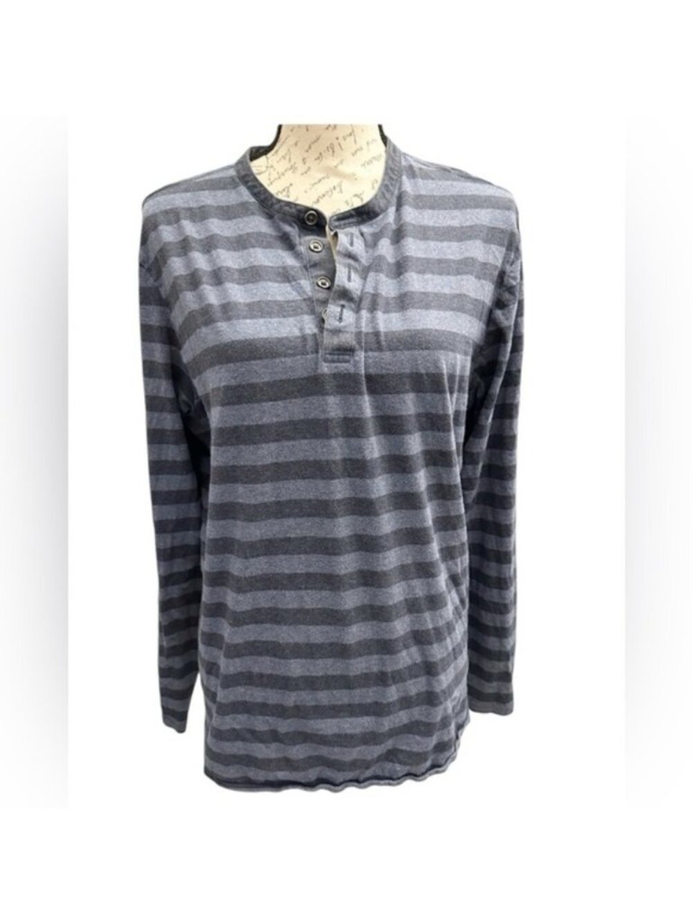 Robert Barakett Men Large Gray Striped Long Sleeve Henley Shirt Soft Pima Cotton